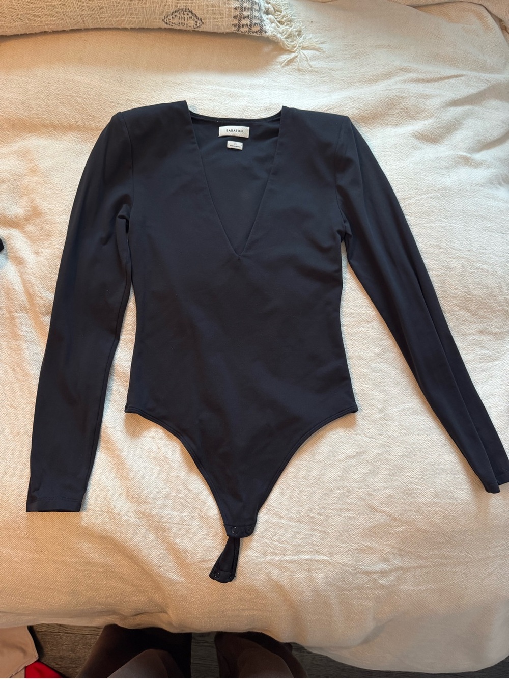 Aritzia Black Long-Sleeve V-Neck Padded Shoulder Bodysuit
